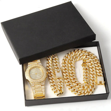 Full Iced Out Gold Necklace +Watch+Bracelet Miami Curb Cuban Chain
